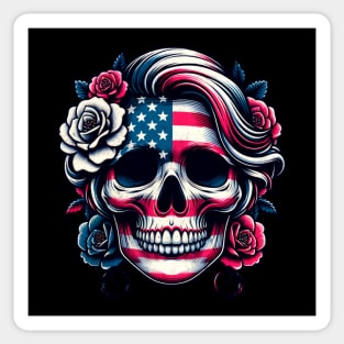 Patriotic Skull Flowers Bloom Independence Day USA American Flag Skull Face Roses Sticker